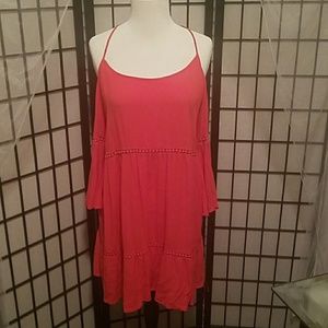 Coral cold shoulder embroidered tunic top
